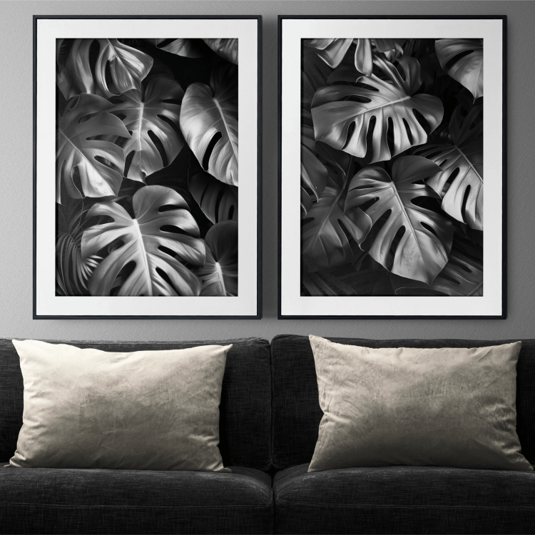 Monochrome Monstera Leaf Digital Art Set