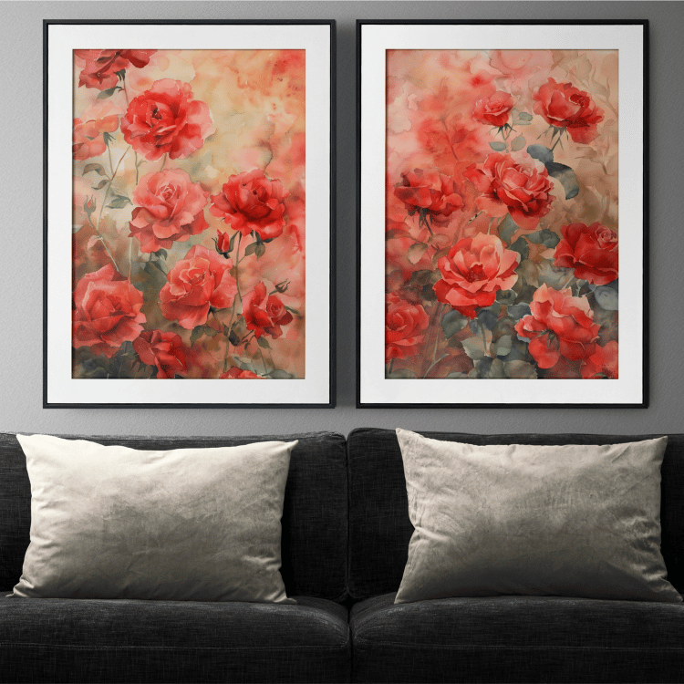 Red Rose Garden Watercolor Digital Art Set