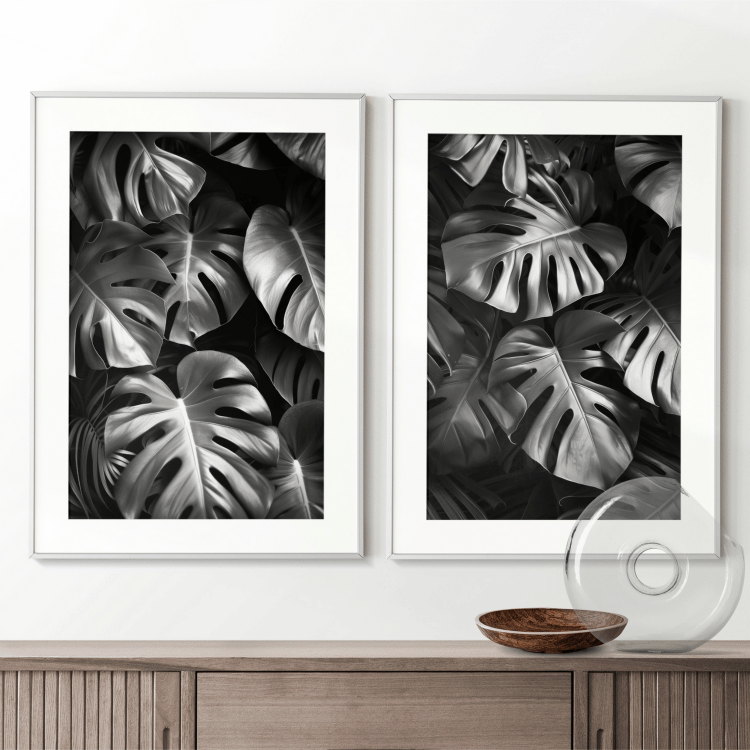 Monochrome Monstera Leaf Digital Art Set