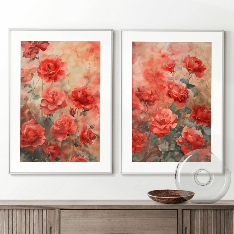 Red Rose Garden Watercolor Digital Art Set