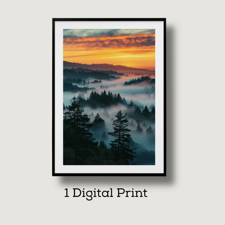 Sunset Mist in the Mountains Digital Art Print