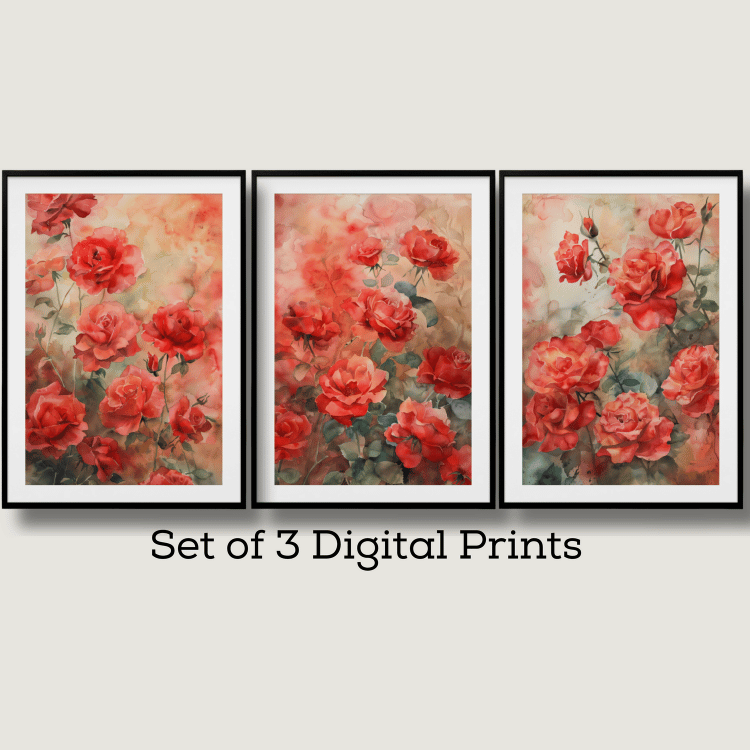 Red Rose Garden Watercolor Digital Art Set